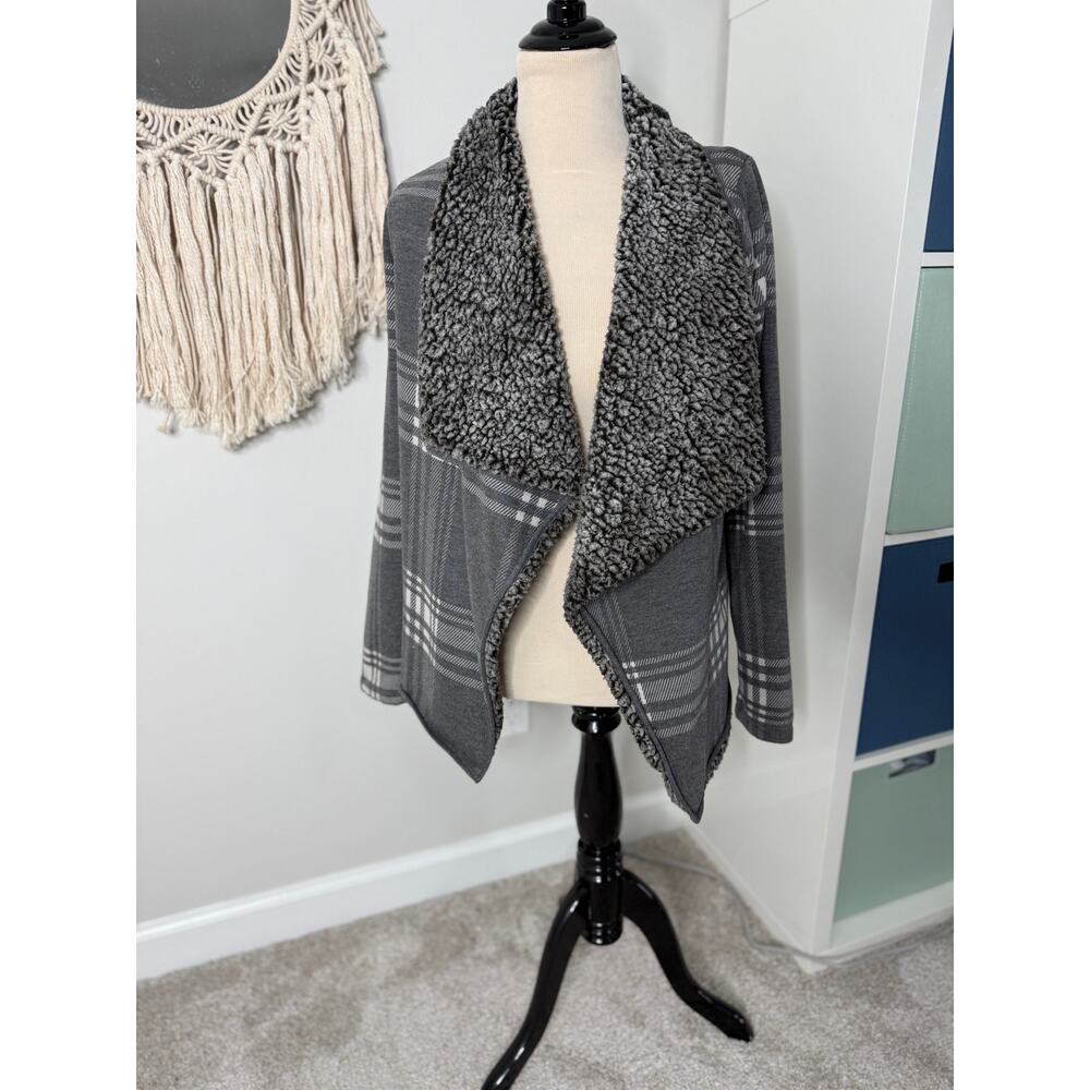 Women's Gray Plaid Sherpa Fleece Lined Open Draped Cardigan Small Cozy Cabincore
